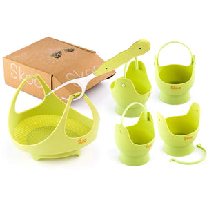 Skoo Silicone Vegetable Steamer Basket + Fork + Free eBook - Food Steamer Set - For Veggie Plate and Healthy Diet - Stove Top, Microwave and Instant Pot Compatible
