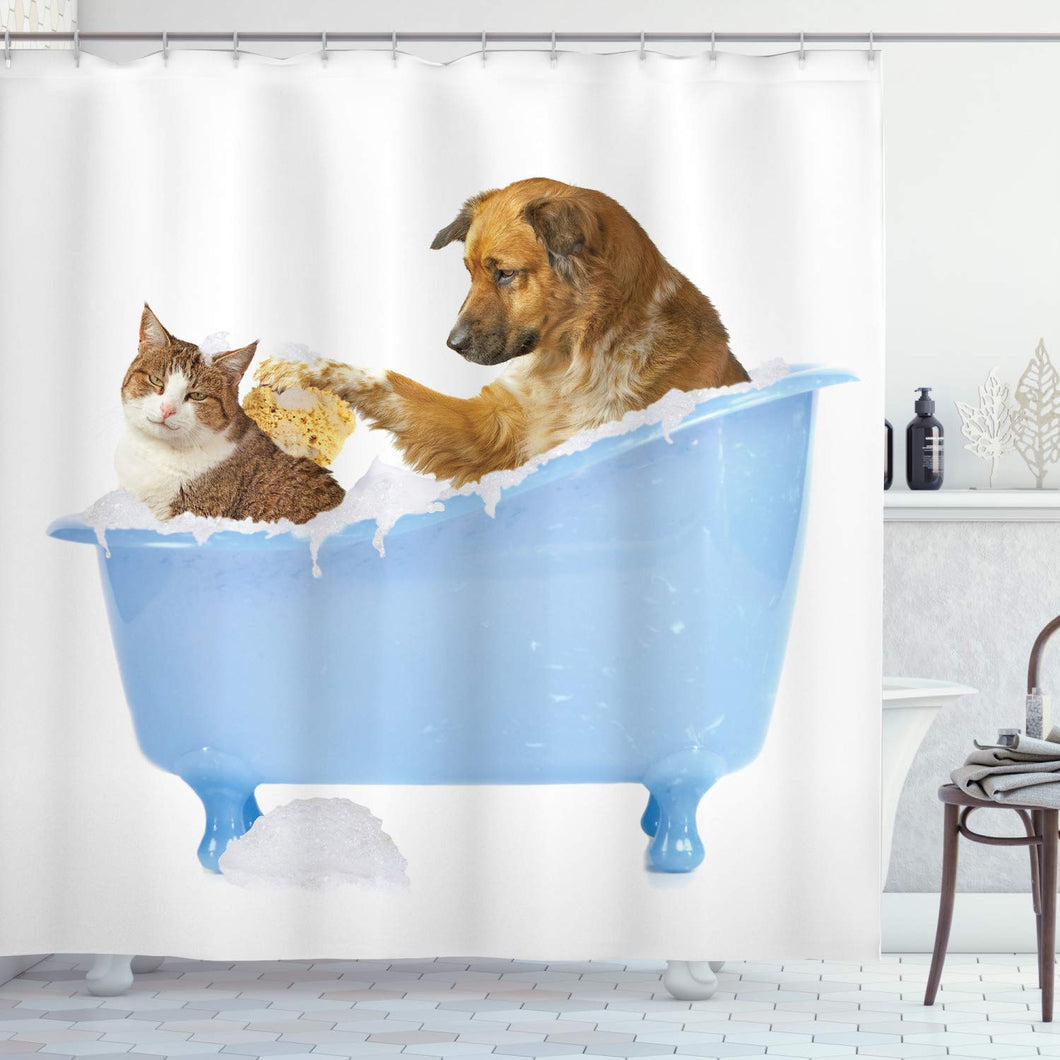 Ambesonne Cat Shower Curtain, Dog Kitty in The Bathtub Together Bubbles Shampooing Having Shower Fun Print, Cloth Fabric Bathroom Decor Set with Hooks, 84