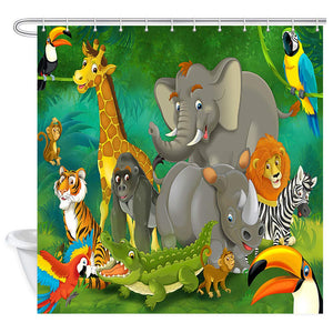 NYMB Safari Wild Animal for Kids Shower Curtains, Cartoon Elephants and Giraffes Family in Forest, Polyester Fabric Kids Zoo Bath Curtains for Bathroom, Shower Curtain Hooks Included, 69X70in
