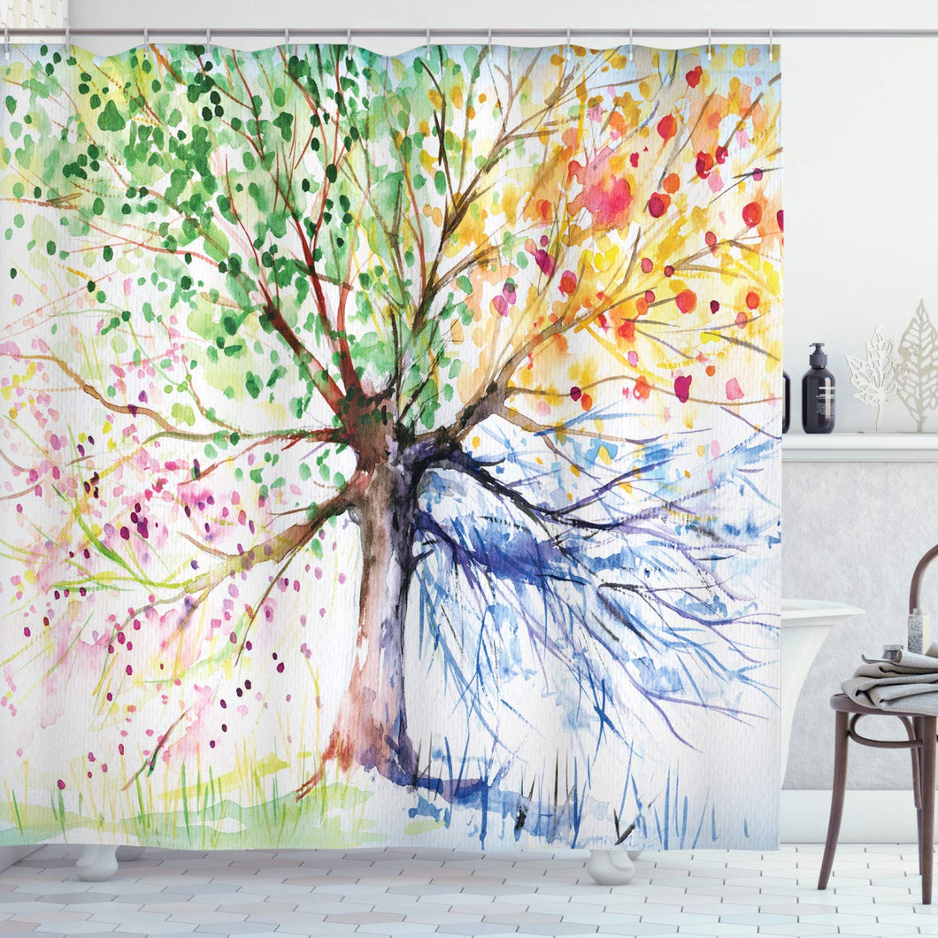Colorful Tree Four Seasons Shower Curtain, Berry Green Red Yellow Navy Brown, Extra Long Bath Decorations Bathroom Decor Sets with Hooks Marriage Gifts for Men and Women in Art Print Polyester Fabric