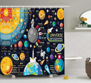 Ambesonne Outer Space Decor Collection, New Horizons of Solar System Infographic Pluto Venus Mars Jupiter Skyrocket Design, Polyester Fabric Bathroom Shower Curtain Set with Hooks, Blue Yellow