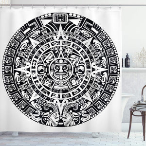 Lunarable Aztec Shower Curtain, Mayan Calendar End of The World Prophecy Mystery Cool Culture Design Print, Cloth Fabric Bathroom Decor Set with Hooks, 70" Long, Black White