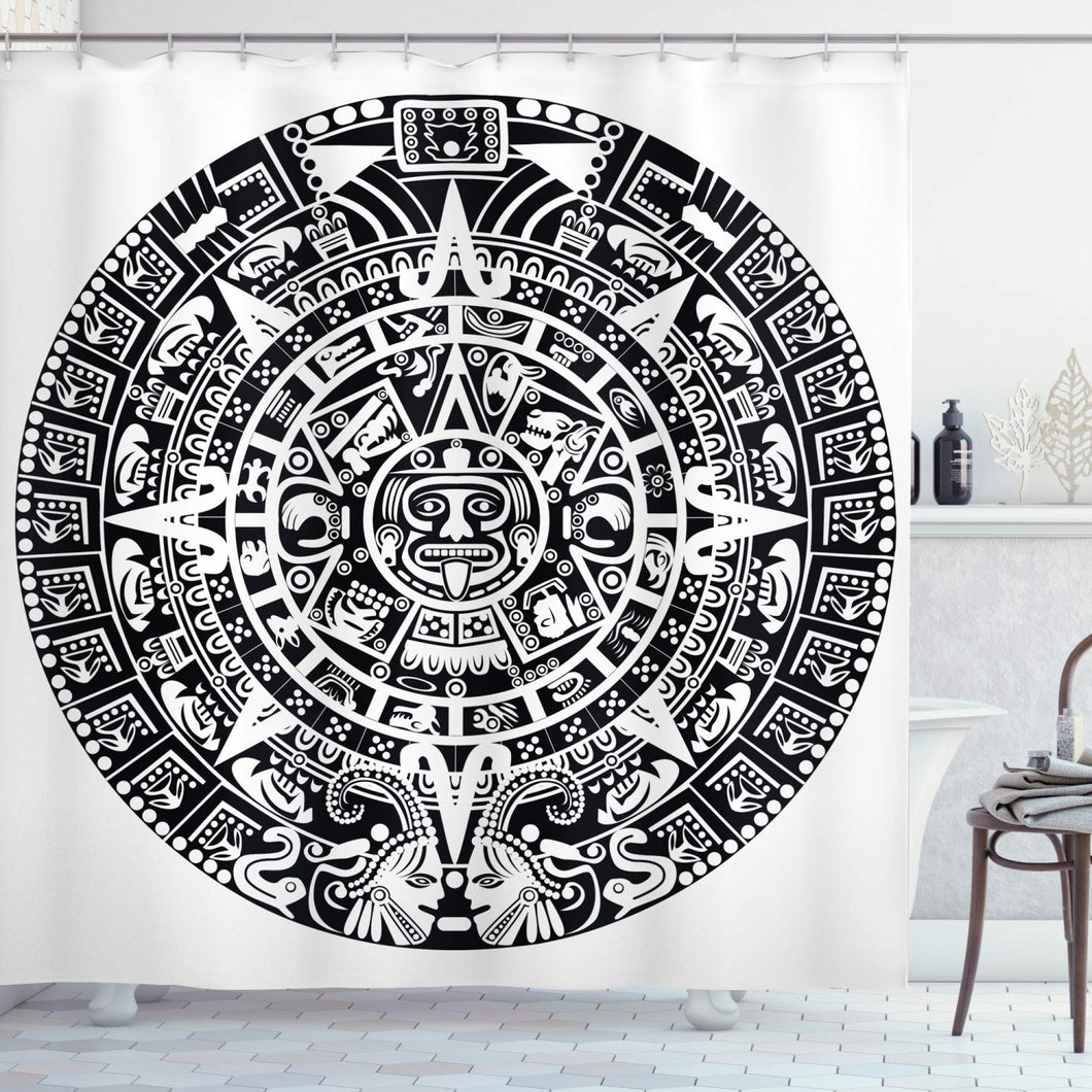 Lunarable Aztec Shower Curtain, Mayan Calendar End of The World Prophecy Mystery Cool Culture Design Print, Cloth Fabric Bathroom Decor Set with Hooks, 70