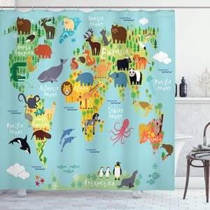 Ambesonne Wanderlust Shower Curtain, Animal Map of The World for Children Kids Cartoon Mountains Forests, Cloth Fabric Bathroom Decor Set with Hooks, 70" Long, Pale Blue