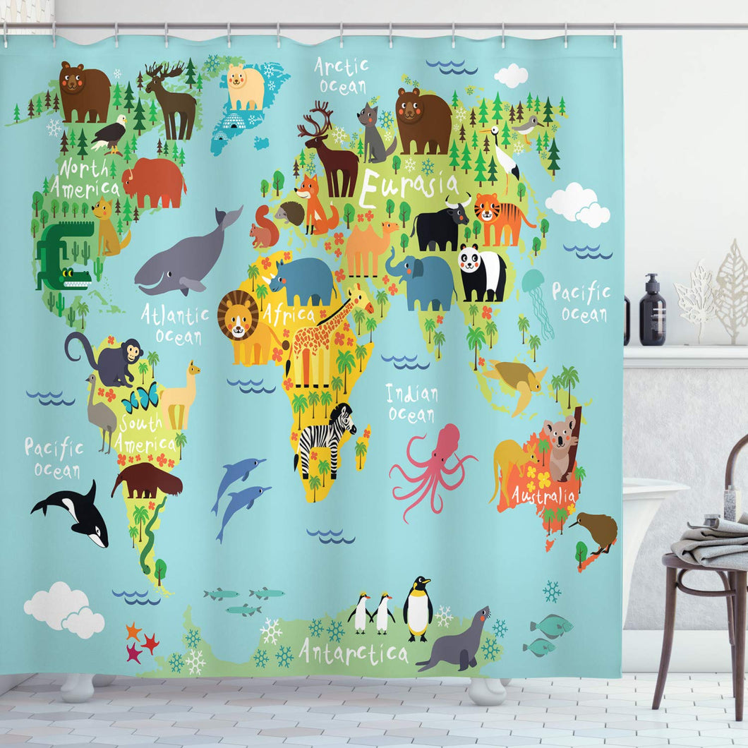 Ambesonne Wanderlust Shower Curtain, Animal Map of The World for Children Kids Cartoon Mountains Forests, Cloth Fabric Bathroom Decor Set with Hooks, 70