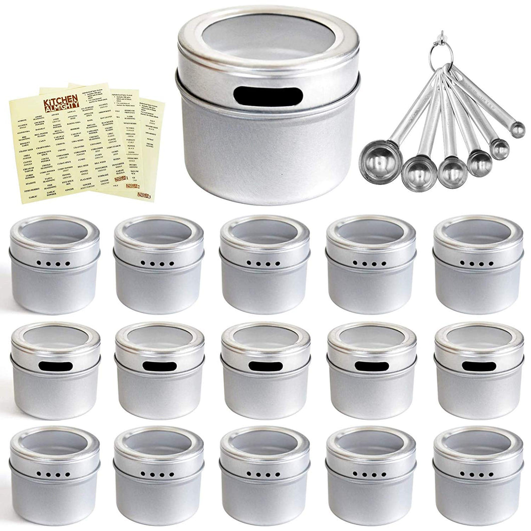 16 Magnetic Spice Tins & 231 Spice Labels – 6 Measuring Spoons & Magnetic Hook – Round Storage Spice Tin Set - Clear Top Lid with Sift or Pour – Includes 231 PVC Spice Sticker Set – Magnetic Backing