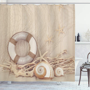 Ambesonne Coastal Decor Collection, Welcome on Board Buoy Wooden Sepia Fishnet Pattern, Polyester Fabric Bathroom Shower Curtain Set with Hooks, Tan Linen Ecru Beige