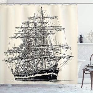 Ambesonne Pirate Ship Shower Curtain, Sailing Boat Detailed Illustration Nautical Maritime Theme Vintage Style Art, Cloth Fabric Bathroom Decor Set with Hooks, 70" Long, Cream Black