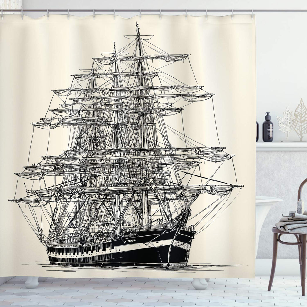 Ambesonne Pirate Ship Shower Curtain, Sailing Boat Detailed Illustration Nautical Maritime Theme Vintage Style Art, Cloth Fabric Bathroom Decor Set with Hooks, 70