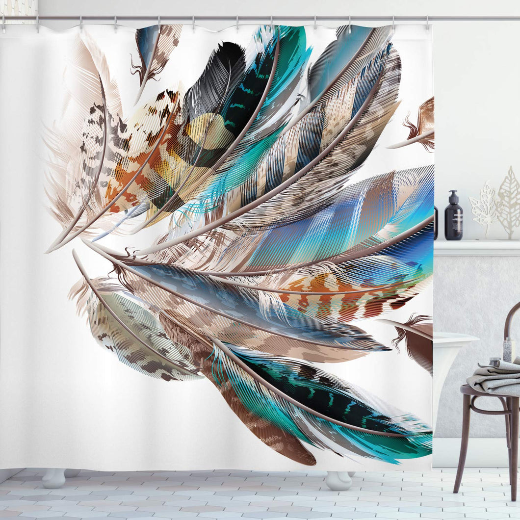 Ambesonne Feather House Decor Shower Curtain, Vaned Types and Natal Contour Flight Feathers Animal Skin Element Print, Fabric Bathroom Decor Set with Hooks, 70 Inches, Teal Brown