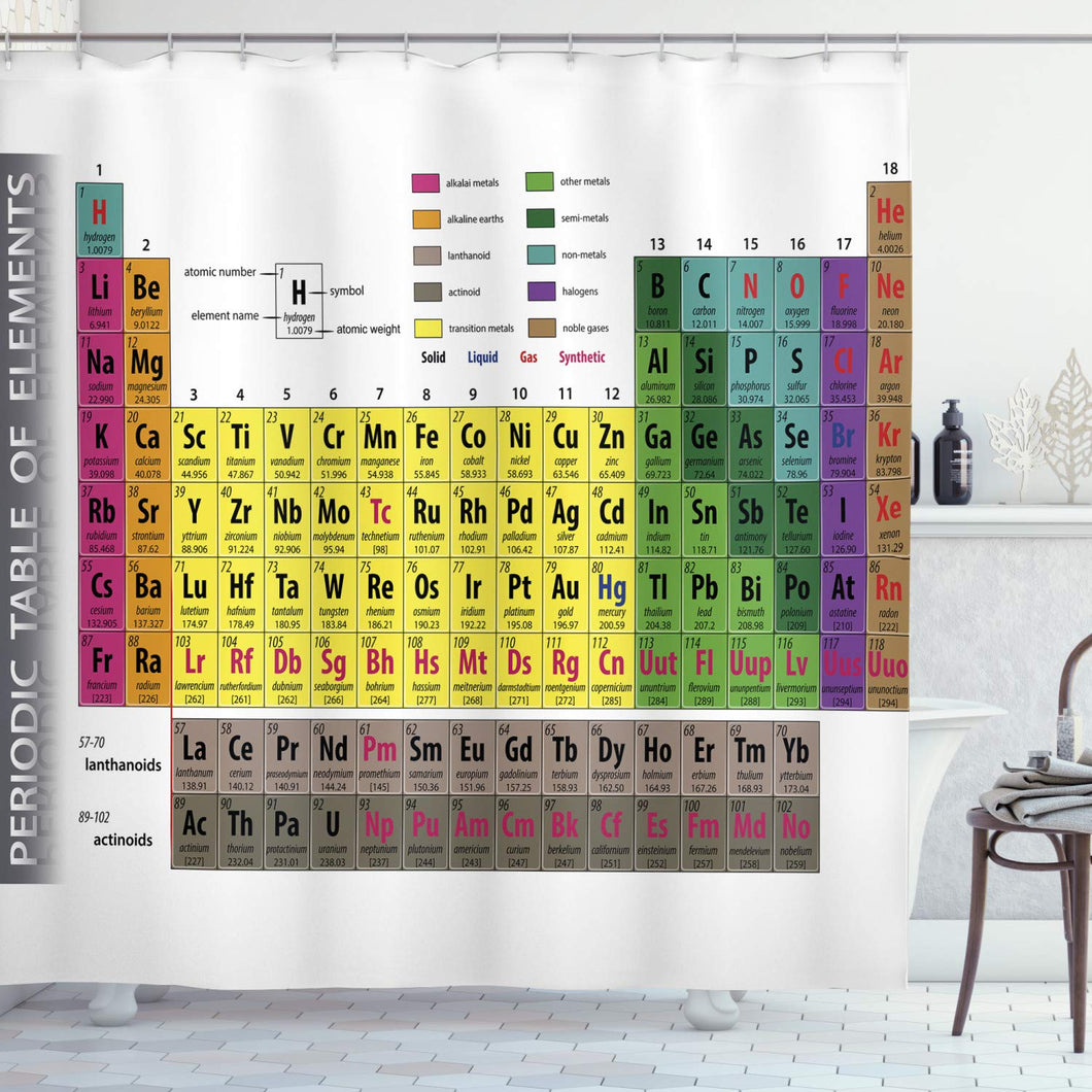 Ambesonne Modern Shower Curtain, Periodic Table of Elements PHD Chemistry Student Family for Science Lover Education, Cloth Fabric Bathroom Decor Set with Hooks, 70