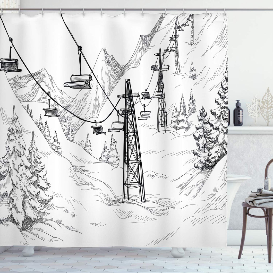 Lunarable Winter Shower Curtain, Ski Lift with Fir Trees Monochrome Seasonal Holiday Destination Themed Sketch, Cloth Fabric Bathroom Decor Set with Hooks, 70