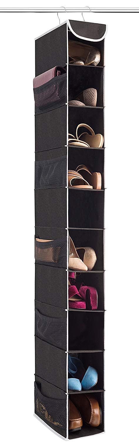 ZOBER 10-Shelf Hanging Shoe Organizer, Shoe Holder for Closet - 10 Mesh Pockets for Accessories - Breathable Polypropylene, Black - 5 ” x 11 ½” x 52”