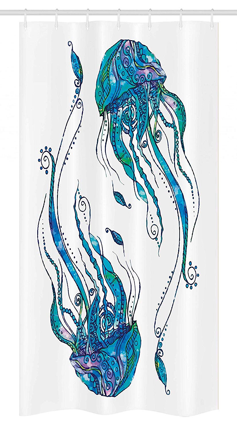 Ambesonne Jellyfish Decor Stall Shower Curtain, Jellyfish Shaped with Ornamental Patterns Boho Style Beach Themed Aqua Art, Fabric Bathroom Decor Set with Hooks, 36 W x 72 L inches, Turquoise