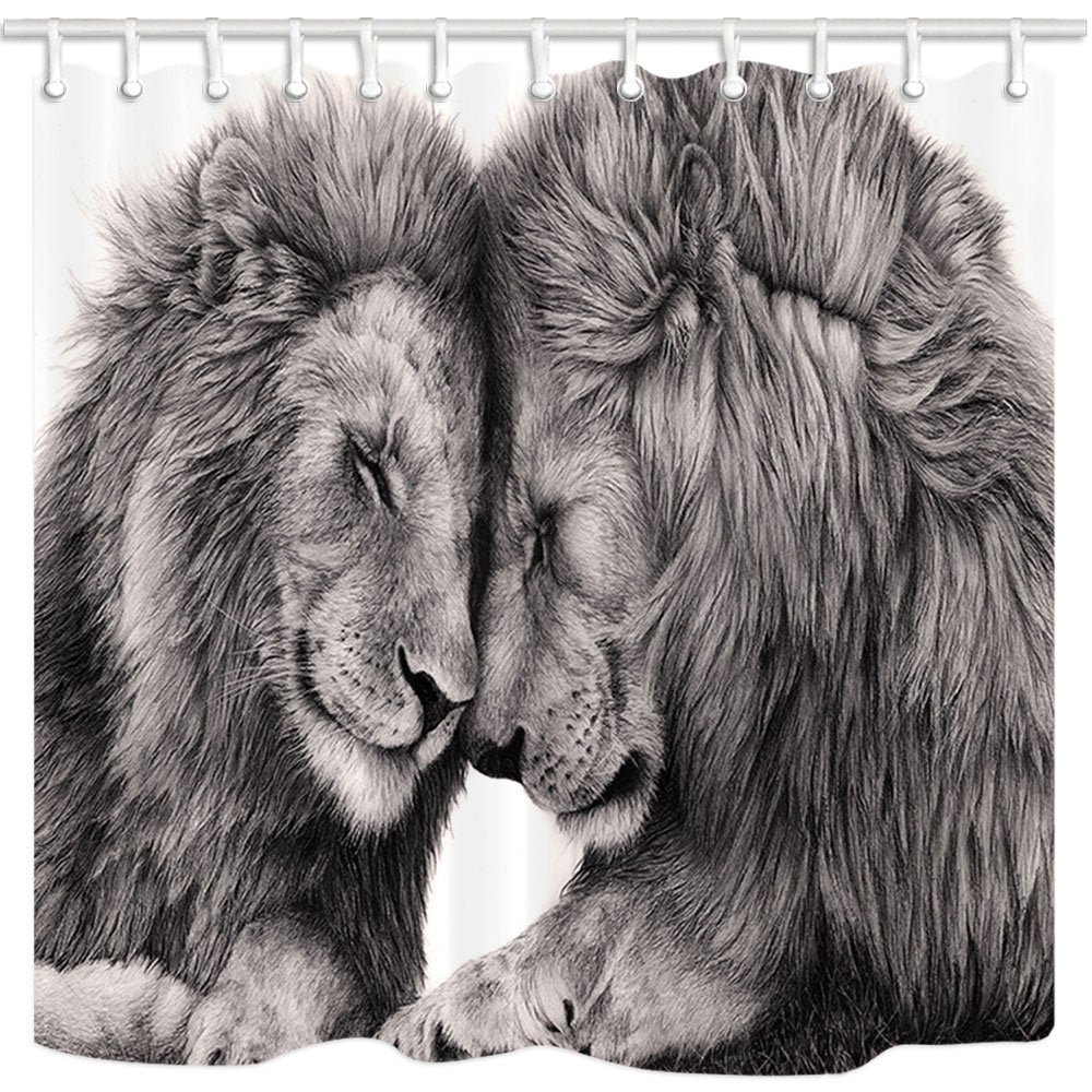 NYMB Wildlife Animals Lover Decor, Safari African Forest Animal Two Lions Face Snuggle Together Shower Curtain, Polyester Fabric Bathroom Fantastic Decorations Bath Curtains Hooks Included, 69X70in
