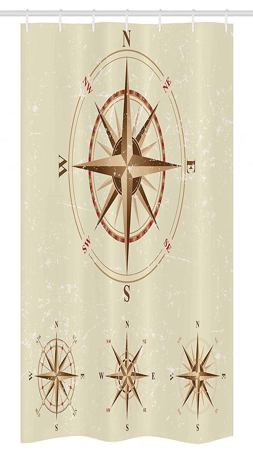 Ambesonne Compass Stall Shower Curtain, 4 Different Compasses in Retro Colors Discovery Equipment Where Nautical Marine, Fabric Bathroom Decor Set with Hooks, 36