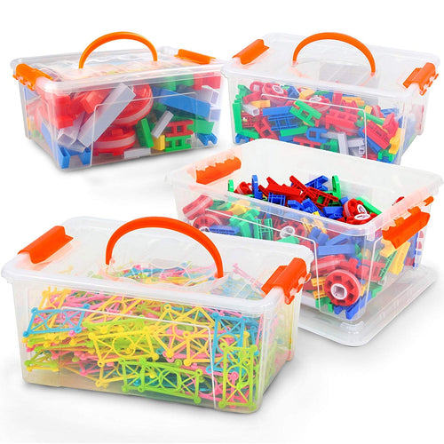 6-Quart Plastic Storage Containers with Lids (4-Pack) | Clear Transparent Box | With Orange Handle & Dual Latches | Great for Toys, Kitchen, Foods, Makeup, Arts & Crafts, and all household needs