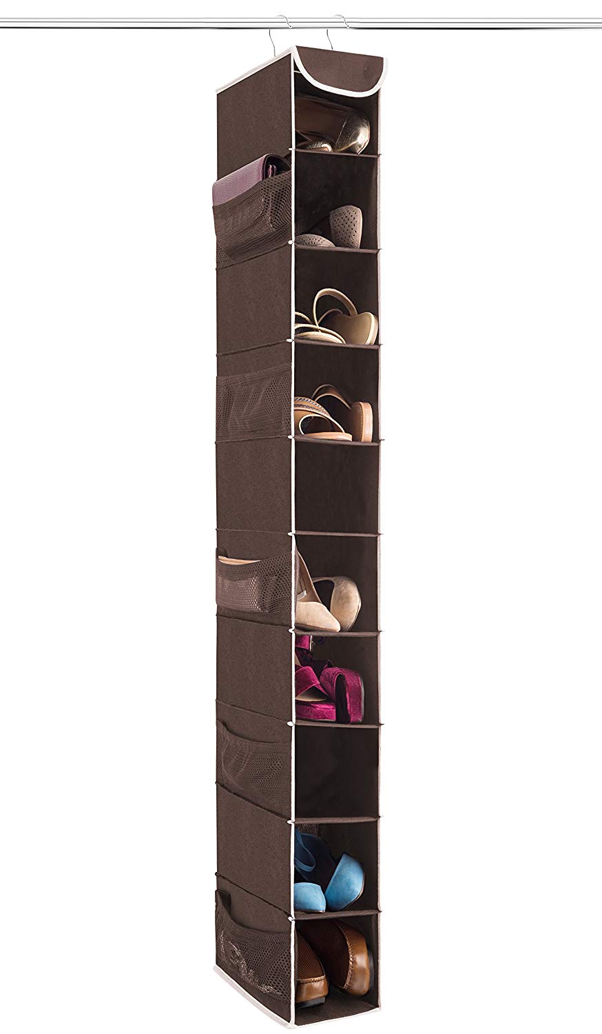 ZOBER 10-Shelf Hanging Shoe Organizer, Shoe Holder for Closet - 10 Mesh Pockets for Accessories - Breathable Polypropylene, Java - 5 ½” x 10 ½” x 54”