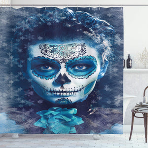 Ambesonne Sugar Skull Shower Curtain, Santa Muerte Concept Winter Season Ice Cold Snowflakes Frozen Dead Folkloric, Cloth Fabric Bathroom Decor Set with Hooks, 75" Long, Pale Blue