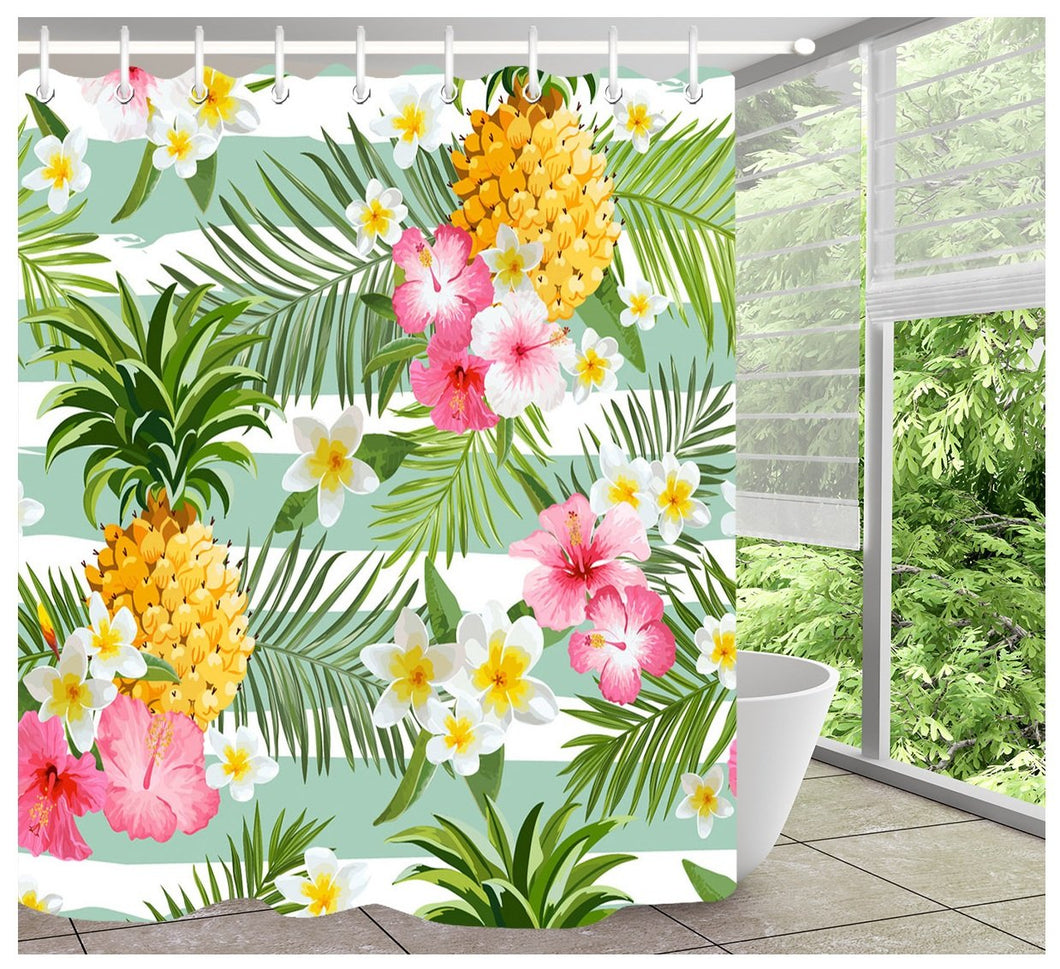 LB Pineapple Shower Curtain Set Tropical Fruit Green Plant Pink Flower Bathroom Curtain Decor Polyester Fabric Bathroom Accessories Hooks,Mildew Resistant Waterproof 72x72 inch