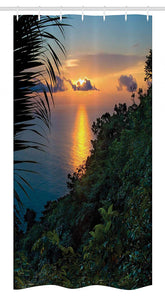 Ambesonne Rainforest Stall Shower Curtain, Rainforest Sunrise on Ocean Seaside Hills Tropical Plants Leaves Print, Fabric Bathroom Decor Set with Hooks, 36" X 72", Blue Orange