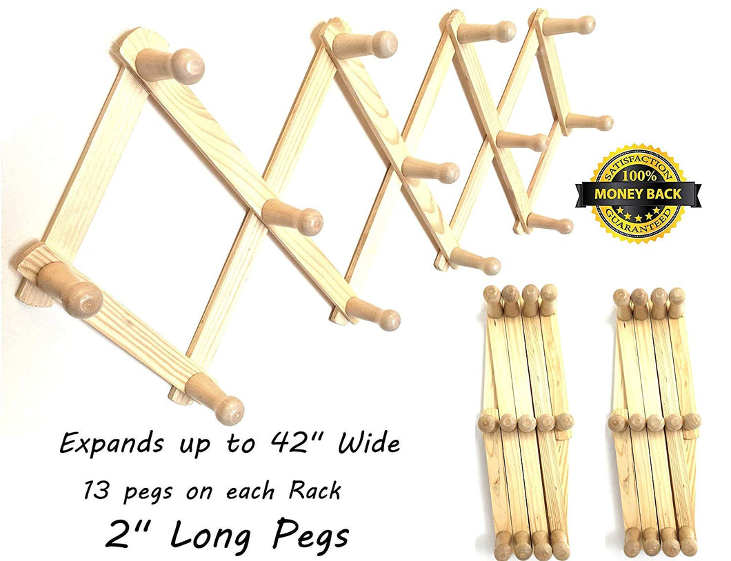 2 ALAZCO Accordion Style Wood Expandable Wall Racks - Each Has 13 Hooks (Pegs) For Hat, Cap, Belt, Umbrella Coffee Mug Jewelry Hanging - 2