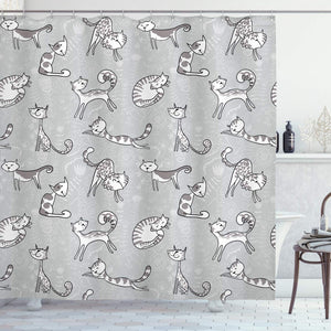 Ambesonne Grey Decor Shower Curtain, Cute Cat Figures Posing Over Floral Background Feline Kitten Kitty Cartoon Art Prints, Fabric Bathroom Decor Set with Hooks, 70 Inches, Grey