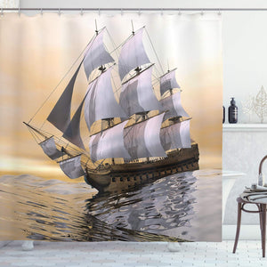 Ambesonne Landscape Art Decor Collection, Sailing Old Merchant Ship on Ocean Sailboats Cloudy Sky Over Sea Adventure Picture, Polyester Fabric Bathroom Shower Curtain Set with Hooks, Gray/Cream/Brown