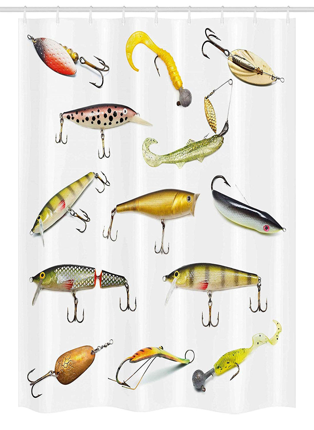 Ambesonne Fishing Decor Stall Shower Curtain, Fishing Tackle Bait for Spearing Trapping Catching Aquatic Animals Molluscs Design, Fabric Bathroom Decor Set with Hooks, 54 W x 78 L Inches, Multi