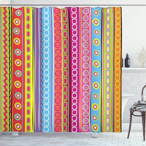 Ambesonne Striped Shower Curtain, Colorful Retro Stripes Circles Boho Pattern 90's Style Rainbow Art Print, Cloth Fabric Bathroom Decor Set with Hooks, 70" Long, Fuchsia Blue