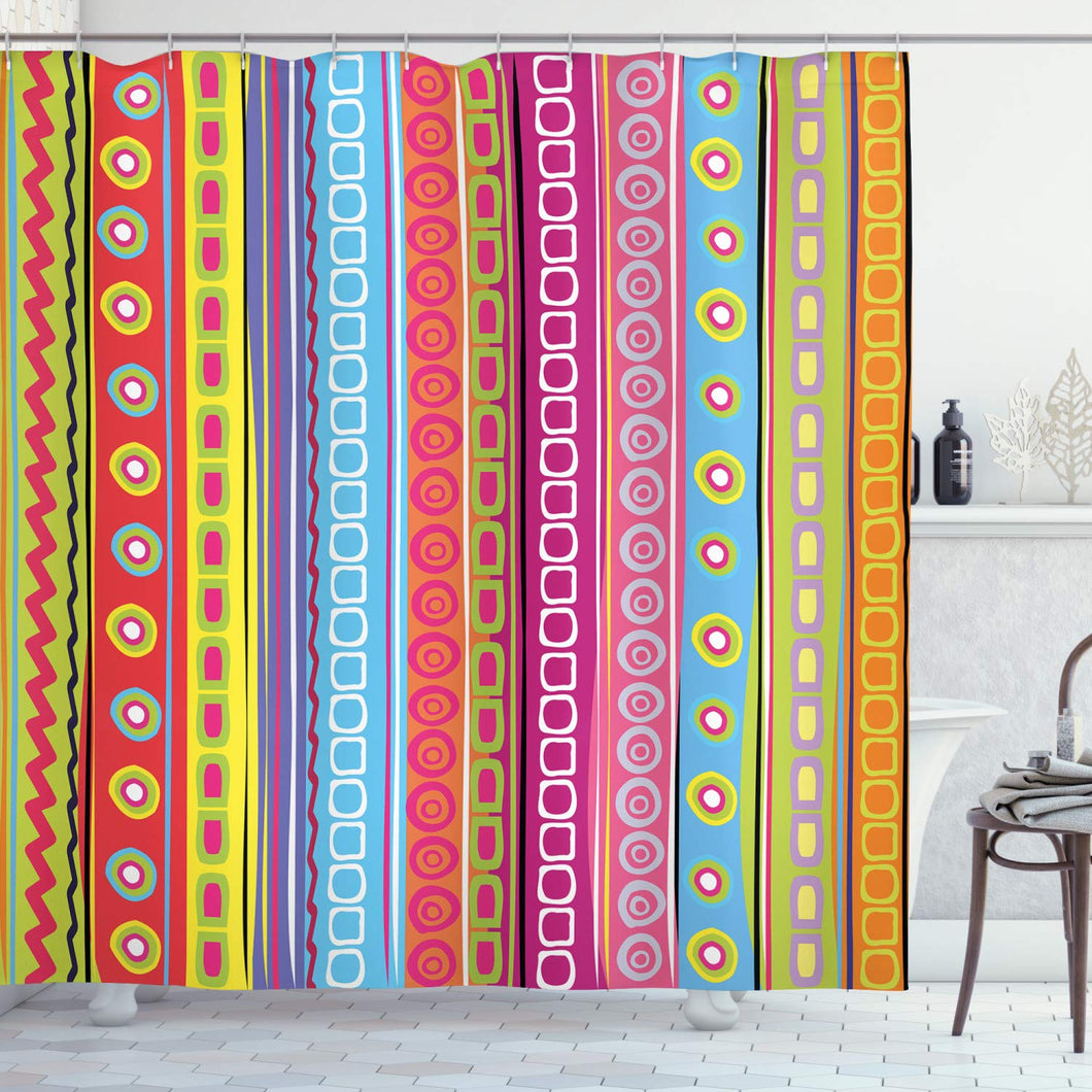 Ambesonne Striped Shower Curtain, Colorful Retro Stripes Circles Boho Pattern 90's Style Rainbow Art Print, Cloth Fabric Bathroom Decor Set with Hooks, 70