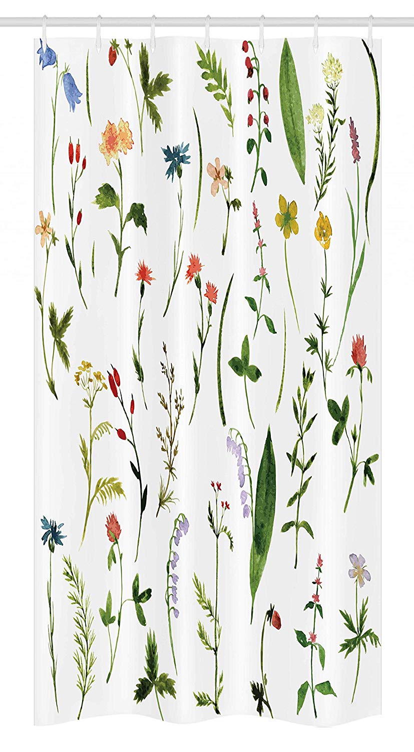 Ambesonne Watercolor Flower Stall Shower Curtain, Different Kinds of Flowers with Herbs Weeds Plants and Earth Elements, Fabric Bathroom Decor Set with Hooks, 36 W x 72 L Inches, Multicolor