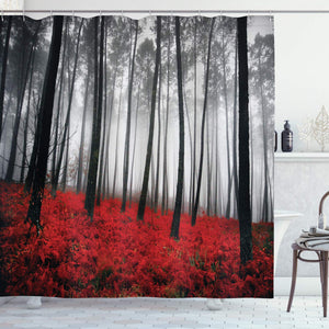 Ambesonne Forest Shower Curtain, Mystical Fantasy Woodland Under Heavy Fog Tall Trees Bushes Contrast Colors, Cloth Fabric Bathroom Decor Set with Hooks, 70" Long, Red Gray