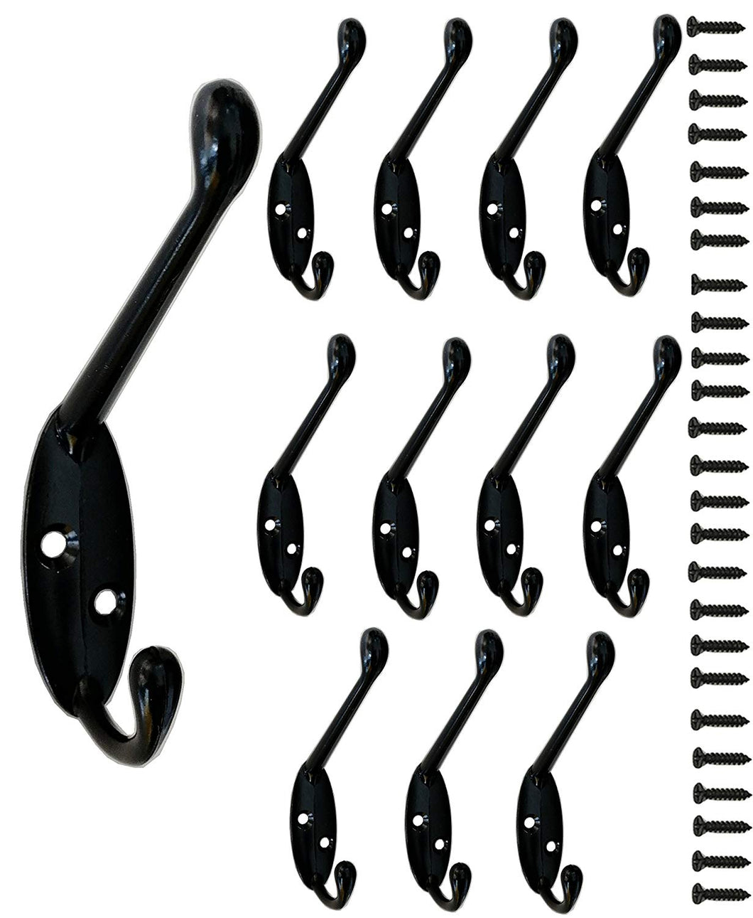 12 Pack Metal Decorative Dual Coat Hooks Wall Mounted Double Coat Hanger for Hat hardware Dual Prong Retro Coat Hanger with 26 Screws Black Color