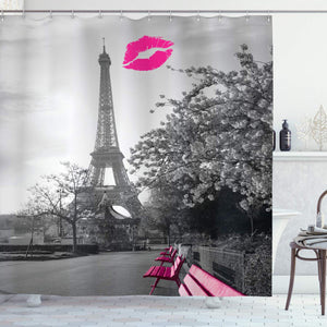 Ambesonne Eiffel Tower Decor Paris Monochrome and French kiss Romance Art Prints 69-Inch-by-70-Inch Polyester Waterproof Shower Curtain with Hooks, Multi 18
