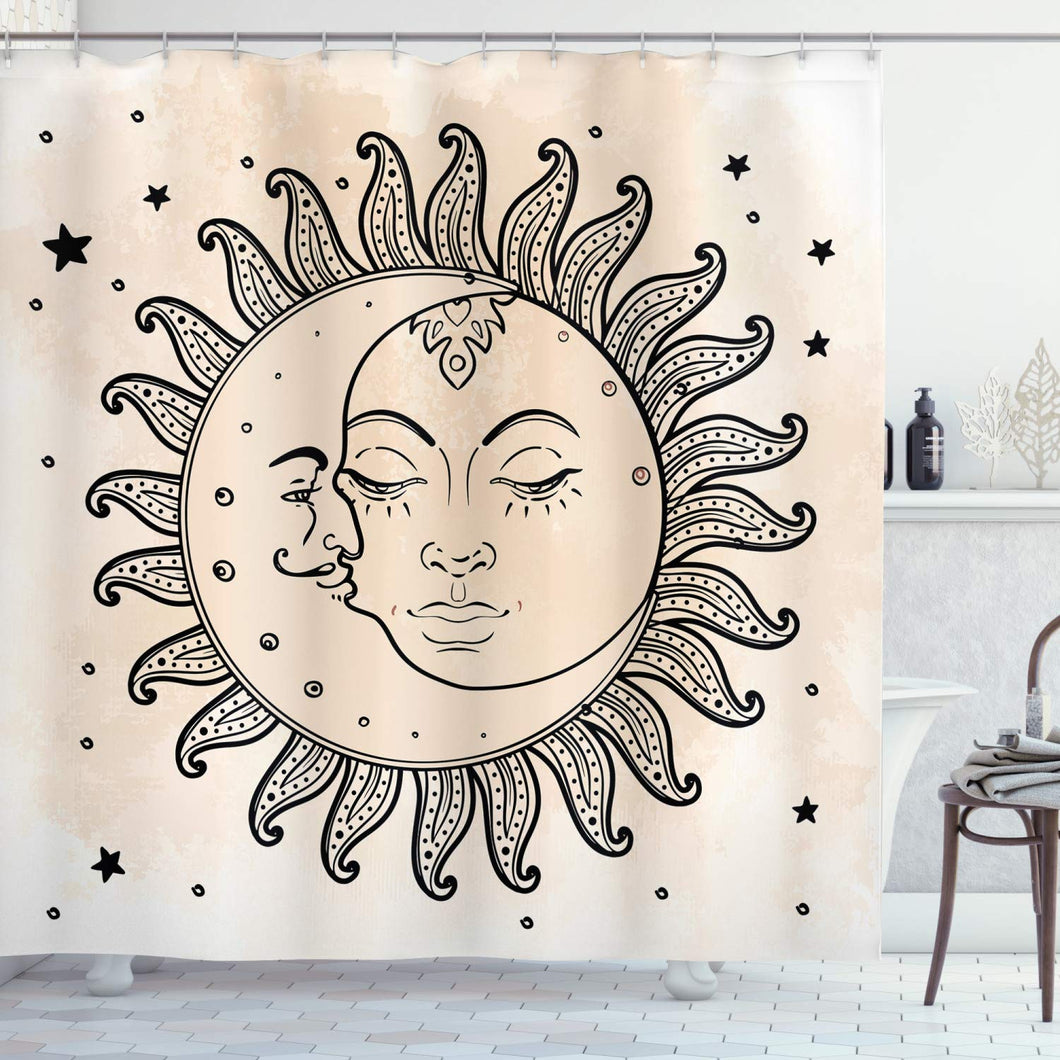 Ambesonne Sketchy Shower Curtain, Sun and Moon Celestial Composition Day`s Cycle Mystical Inspiration, Cloth Fabric Bathroom Decor Set with Hooks, 70