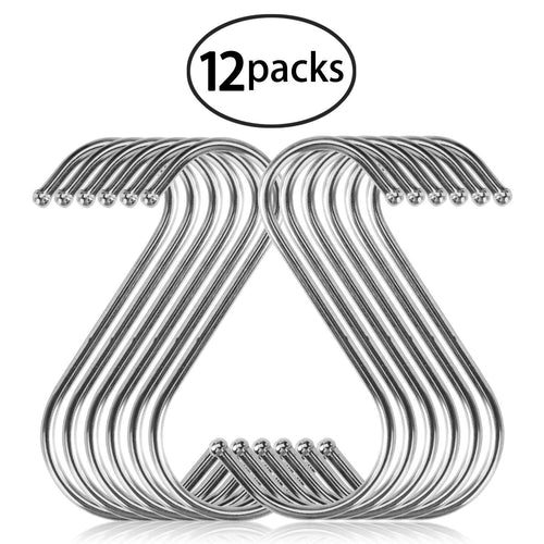 12 Pack S Hooks, YBWM S Shaped Anti-Rust Stainless Steel Metal Hooks Hanger for Kitchen, Work Shop, Bathroom, Garden Hanging Clothing, Bags, Kitchen Utensil, Cutting Boards, Pots and Pans
