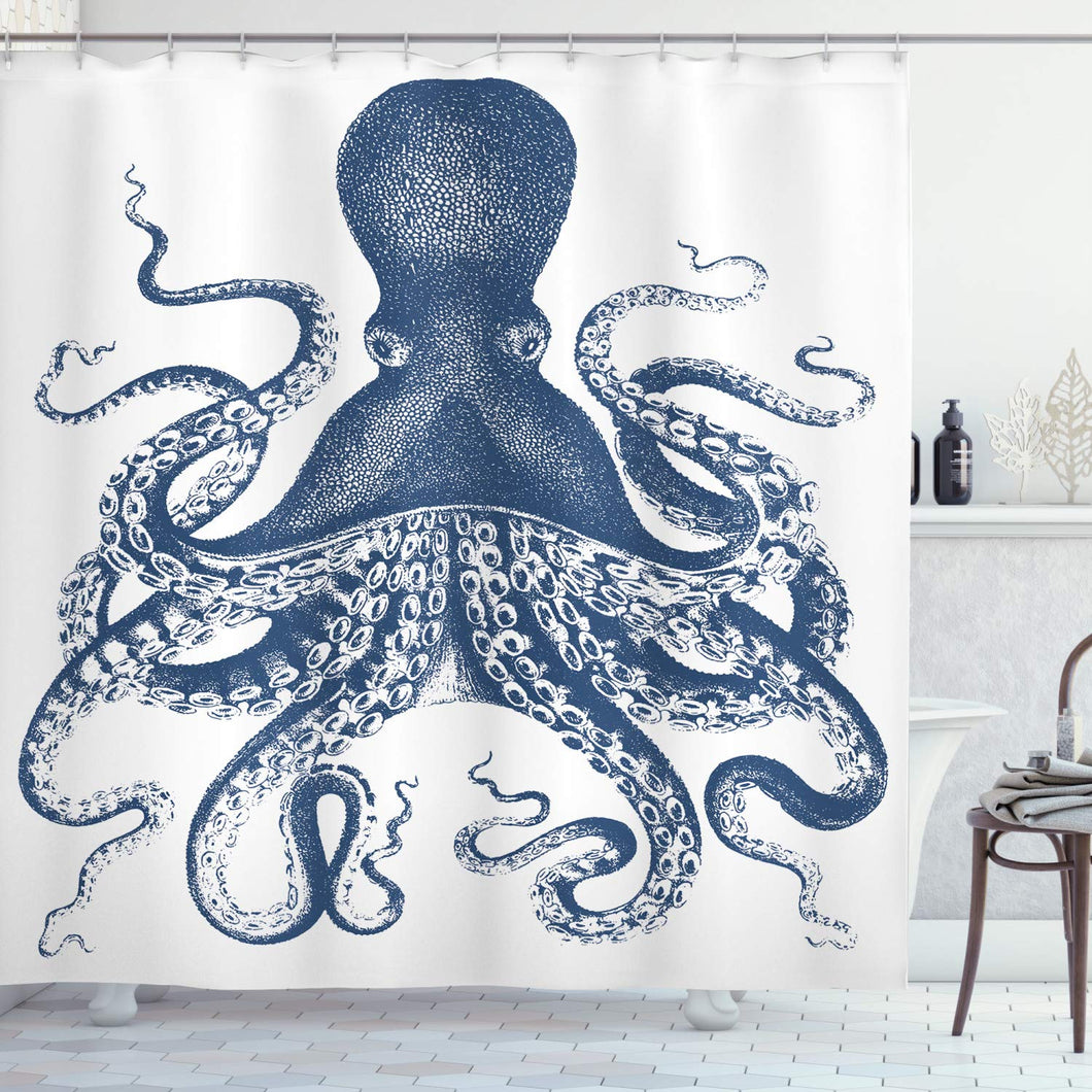 Ambesonne Octopus Decor for Baby Sea Creatures Sea Life Nautical Blue, Polyester Fabric Bathroom Shower Curtain Set with Hooks