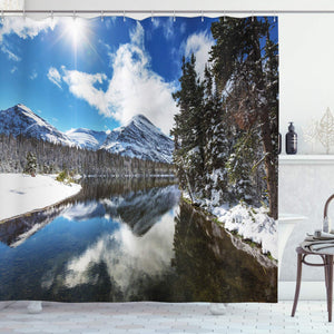 Ambesonne Winter Shower Curtain, Tranquil View of Glacier National Park in Montana Water Reflection Peaceful, Cloth Fabric Bathroom Decor Set with Hooks, 84" Extra Long, Blue White