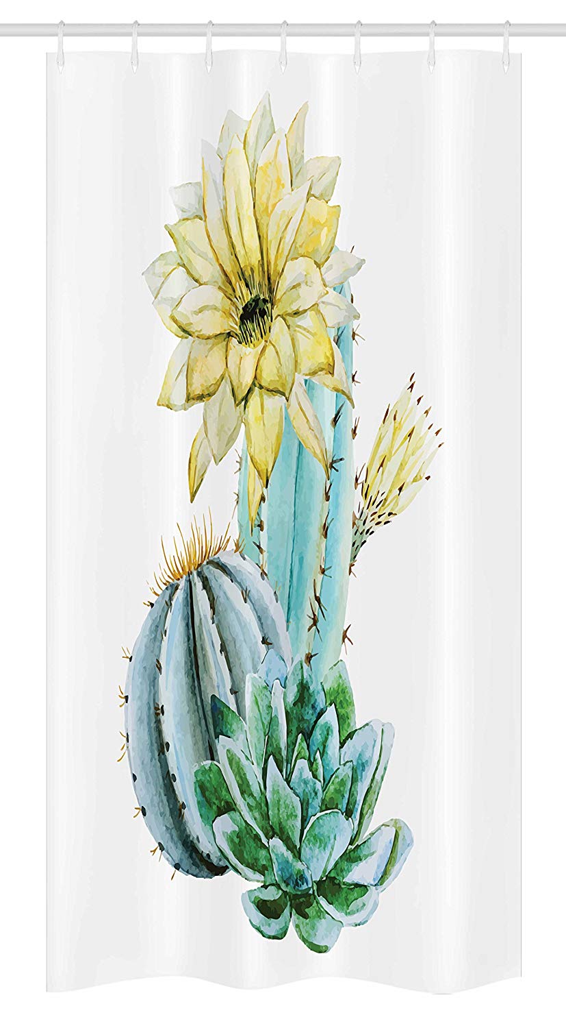 Ambesonne Cactus Stall Shower Curtain, Vector Image with Watercolored Cactus with Spikes and Alluring Flowers Print, Fabric Bathroom Decor Set with Hooks, 36