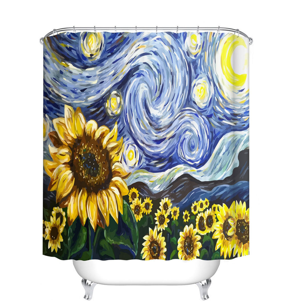 Fangkun Bathroom Shower Curtain Sunflower Oil Painting Art Decor Set - Polyester Fabric Waterproof Bath Curtains - 12pcs Hooks -Navy Blue Yellow - 72 x 72 inches