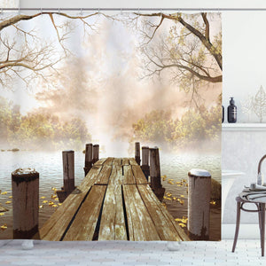 Ambesonne Autumn Shower Curtain, Old Wooden Jetty on a Lake with Fallen Leaves and Foggy Forest in Distance, Cloth Fabric Bathroom Decor Set with Hooks, 70" Long, Brown Beige