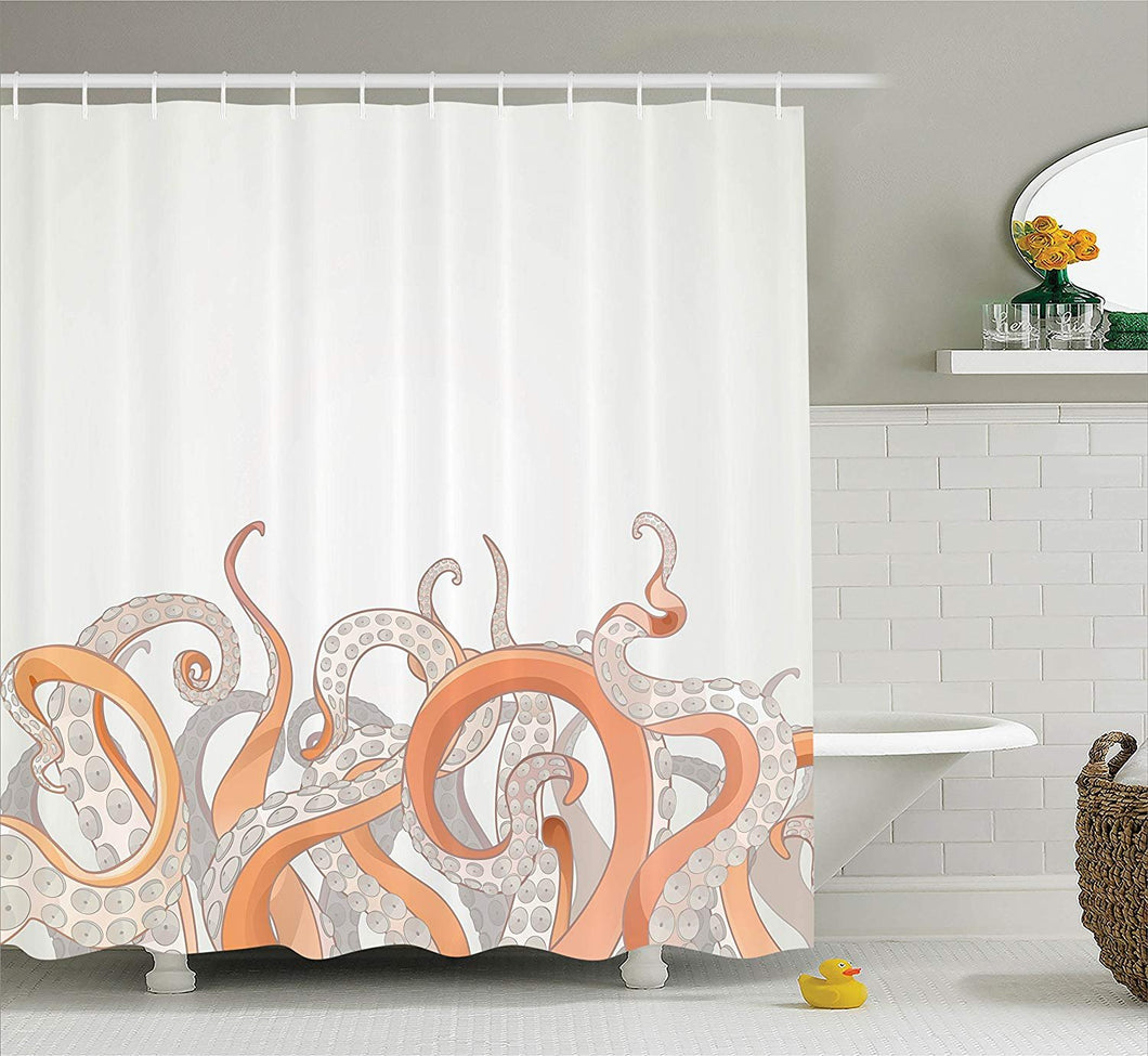 Ambesonne Octopus Decor Collection, Octopus Tentacles Background Underwater Marine Nature and Sea Creatures Nautical Decor, Polyester Fabric Bathroom Shower Curtain Set with Hooks, Grey Orange