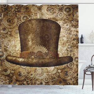 Ambesonne Victorian Decor Collection, Steampunk Top Hat as a Science Fiction Concept Made of Metal Copper Gears and Cogs Image, Polyester Fabric Bathroom Shower Curtain Set with Hooks, Gold