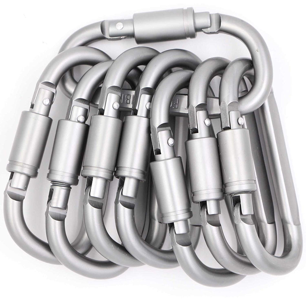 LeBeila Aluminum Alloy Carabiner Screw Lock Hooks, Practical Spring Snap Key Chain Clip Hook Outdoor Hiking Buckle (D-ring Shape) (8PCS)