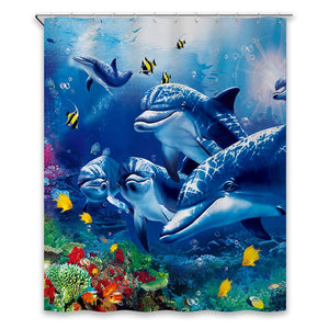 Chunyi Blue Sea World Coral Dolphin Printed Waterproof Shower Curtain Liners 72x72 Inches Bathroom Decoration with Rust Proof Hooks