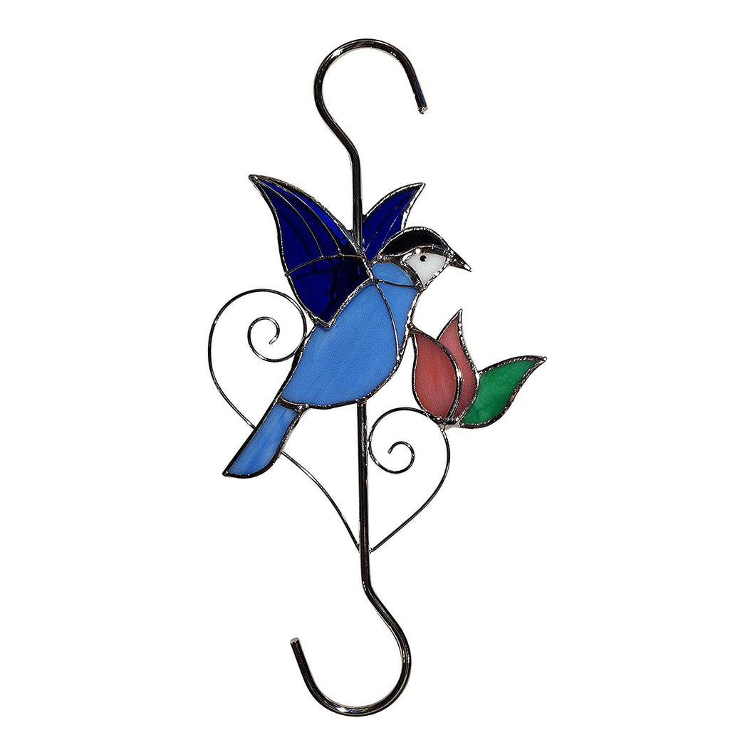 Sunlit Gifts Plant Hanger (10-inch Bluebird) / Bird Feeders Hook - Beautiful Hand Made Stained Glass (with Metal S Hooks) - Ornament Hangers for Hanging Planters, Flower Baskets, Pots, Bird Houses