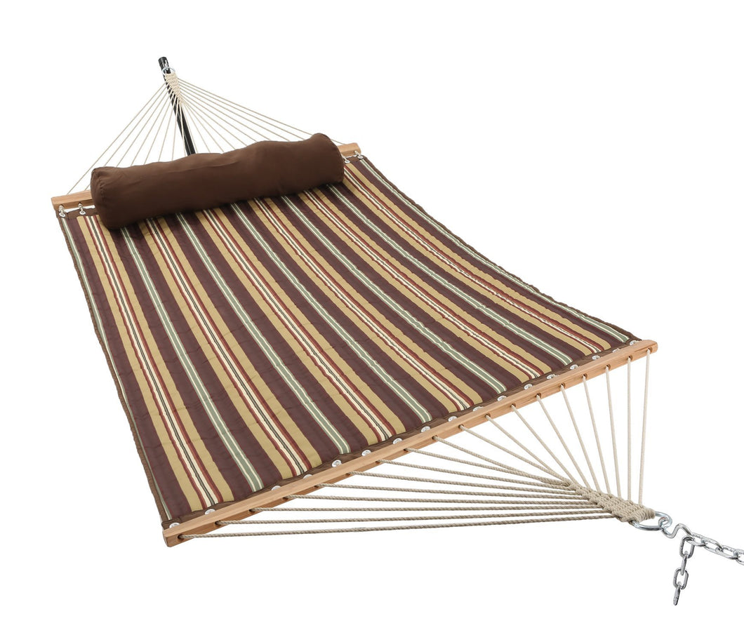 ELC 11 Feet Double Quilted Fabric Hammock with Pillow, Hammocks with Bamboo Spreader Bars and 2 Steel Chains, Perfect for Outdoor Patio Yard Hanging Hammock Brown Stripes