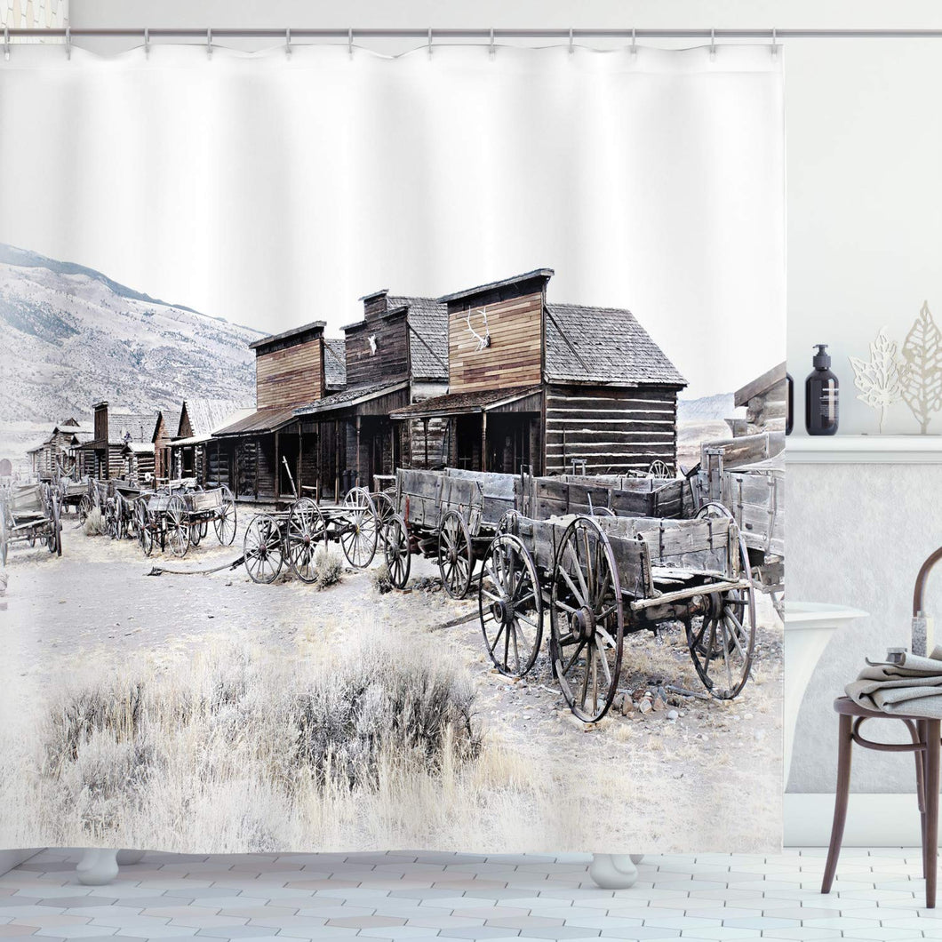 Ambesonne Western Shower Curtain, Old Wooden Wagons from 20's in Ghost Town Antique Wyoming Wheels Artwork Print, Cloth Fabric Bathroom Decor Set with Hooks, 70