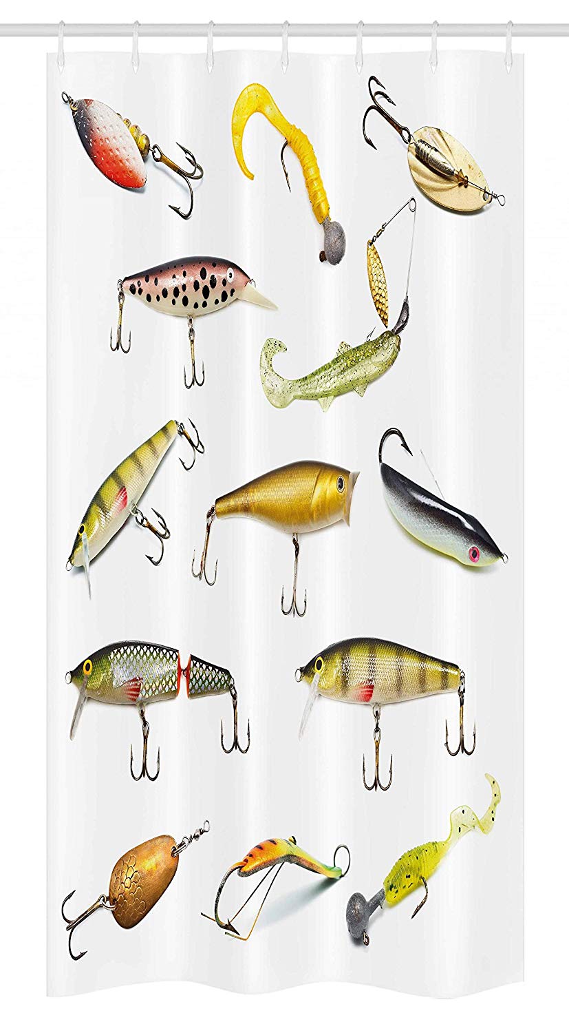 Ambesonne Fishing Stall Shower Curtain, Fishing Tackle Bait for Spearing Trapping Catching Aquatic Animals Molluscs Design, Fabric Bathroom Decor Set with Hooks, 36